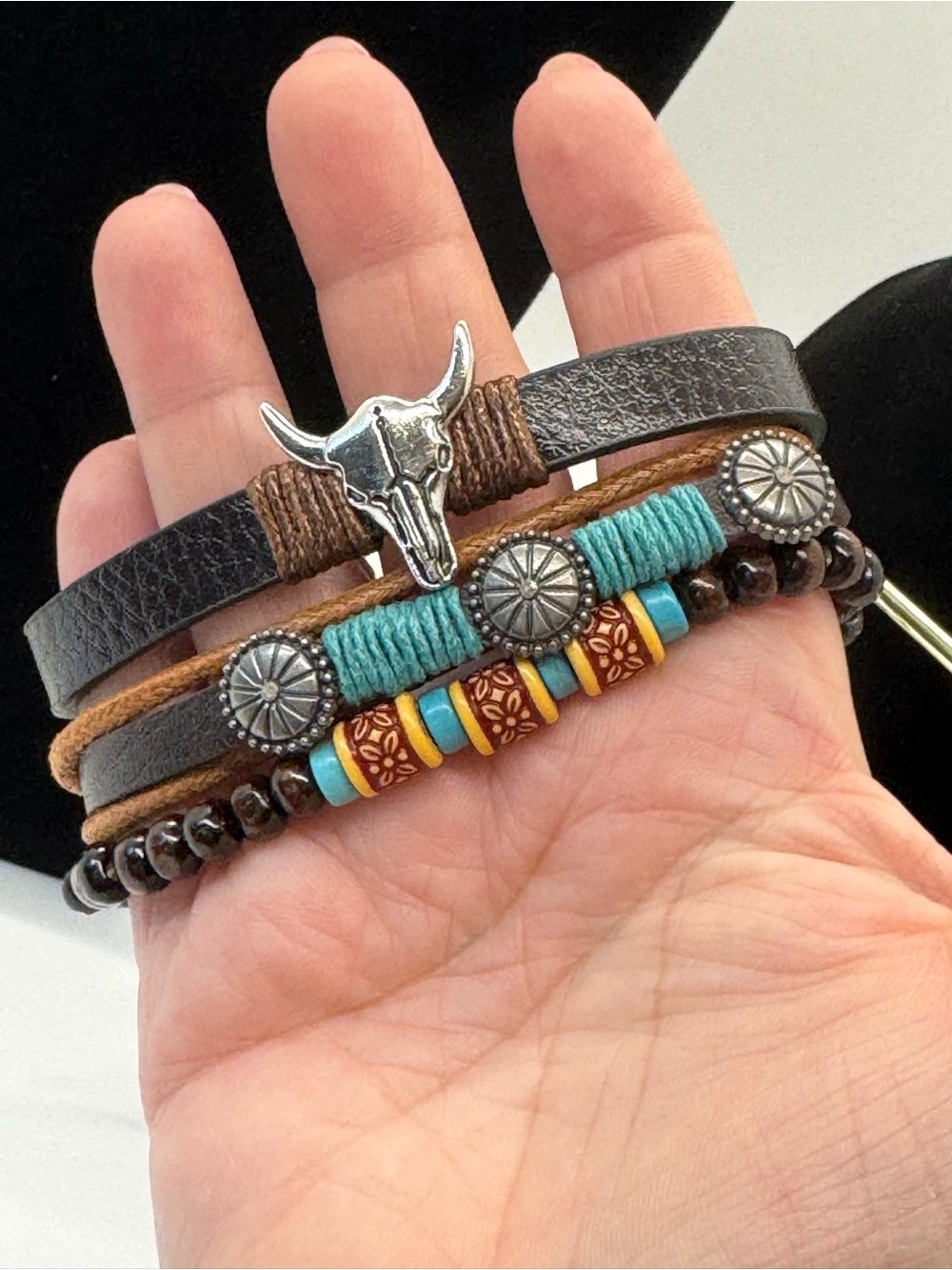 Men's Brown & Turquoise Multi-Strap Leather Bracelet - Western Skull Accent